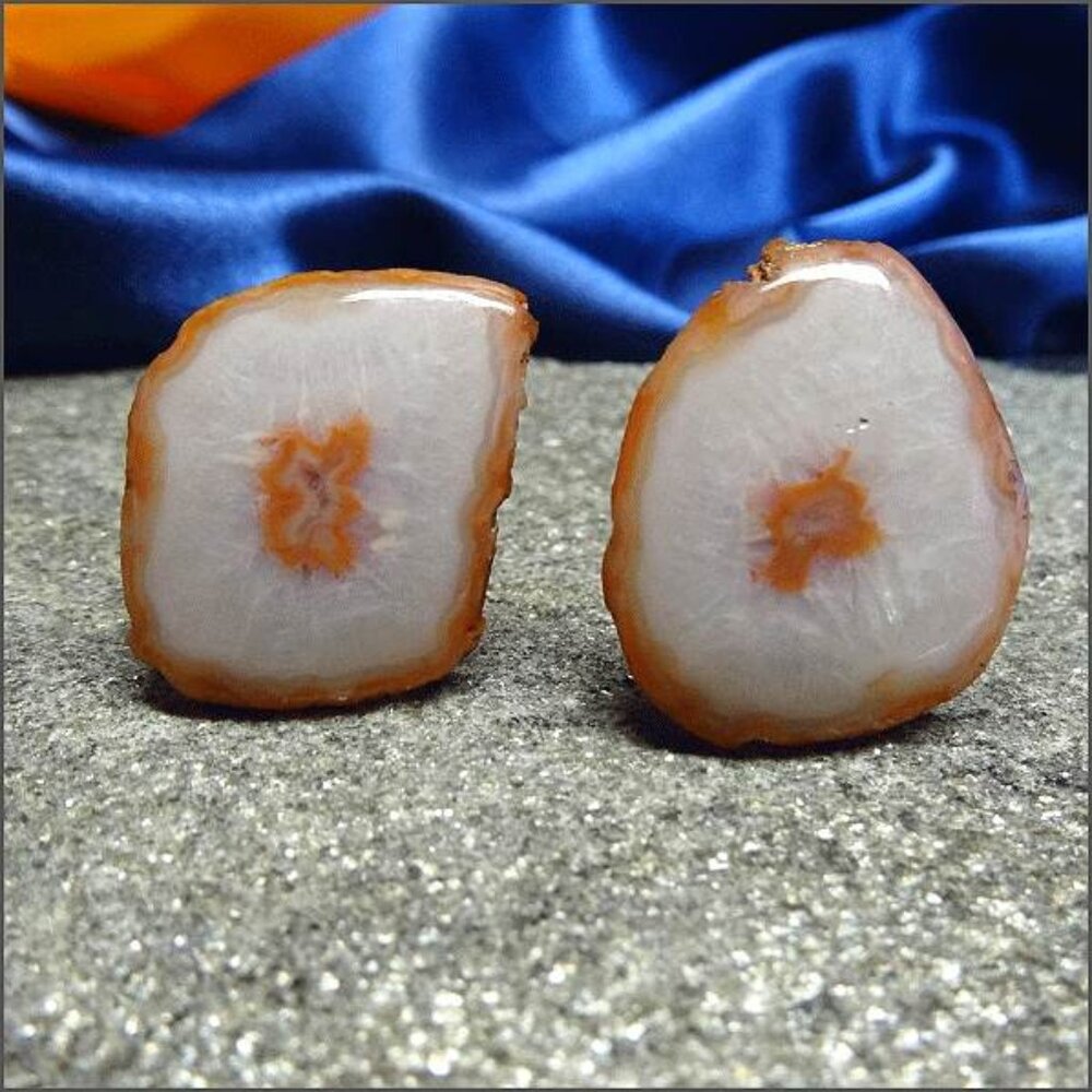 1960s Cool Blue Grey w Cinnamon Geode Vintage Cufflinks 16954